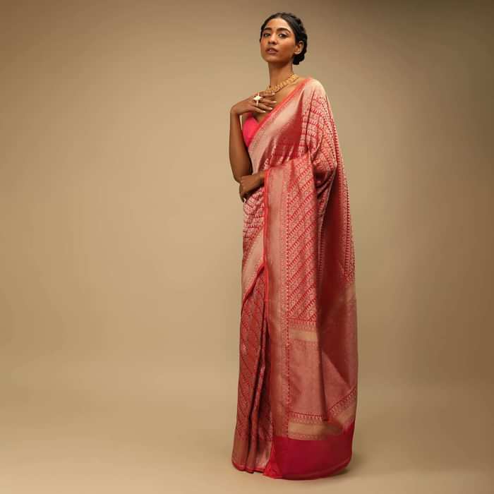 Coral Two Toned Saree In Pure Handloom Silk With Woven Floral Design In Diagonal Pattern