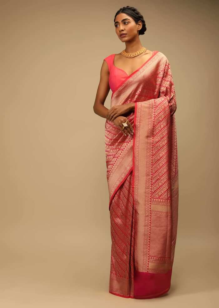 Coral Two Toned Saree In Pure Handloom Silk With Woven Floral Design In Diagonal Pattern