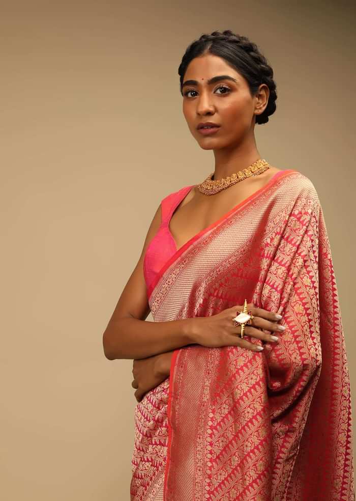 Coral Two Toned Saree In Pure Handloom Silk With Woven Floral Design In Diagonal Pattern