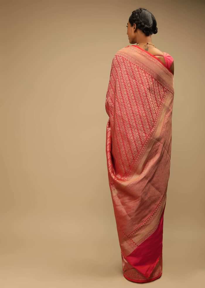 Coral Two Toned Saree In Pure Handloom Silk With Woven Floral Design In Diagonal Pattern
