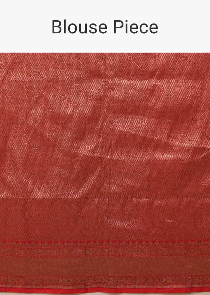 Coral Two Toned Saree In Pure Handloom Silk With Woven Floral Design In Diagonal Pattern