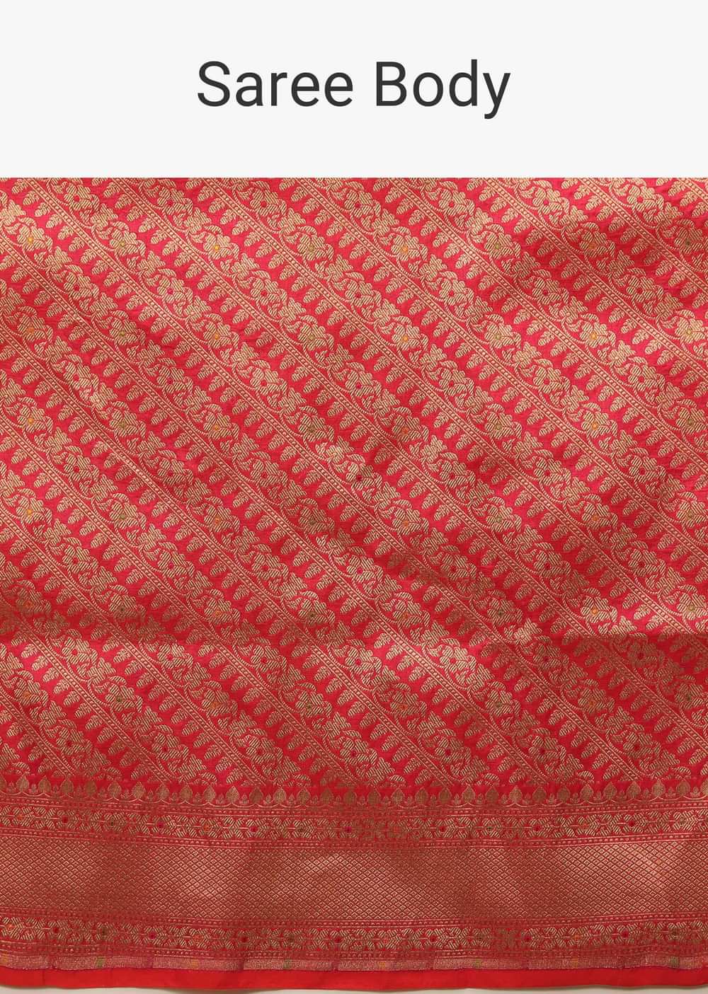 Coral Two Toned Saree In Pure Handloom Silk With Woven Floral Design In Diagonal Pattern