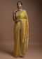 Corn Yellow Banarsi Saree In Georgette With Golden And Silver Weaved Checks And Floral Buttis Online - Kalki Fashion