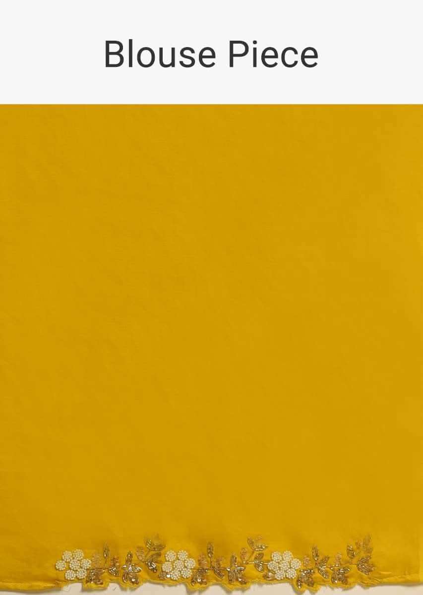 Corn Yellow Saree In Organza With Floral Print All Over And Moti Embroidered Border Along With Unstitched Blouse