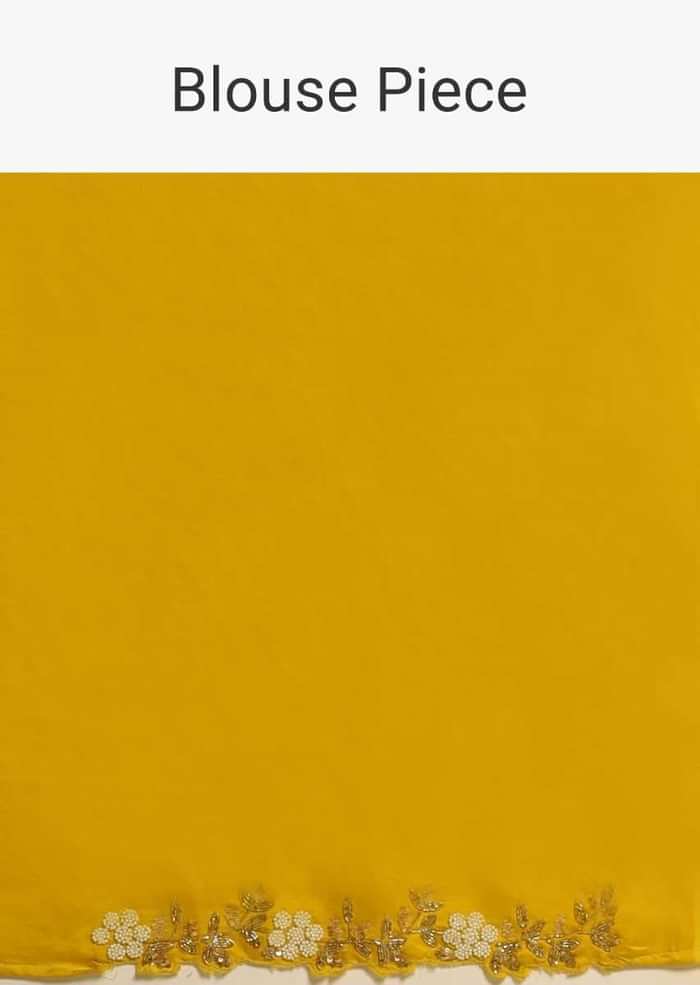 Corn Yellow Saree In Organza With Floral Print All Over And Moti Embroidered Border Along With Unstitched Blouse