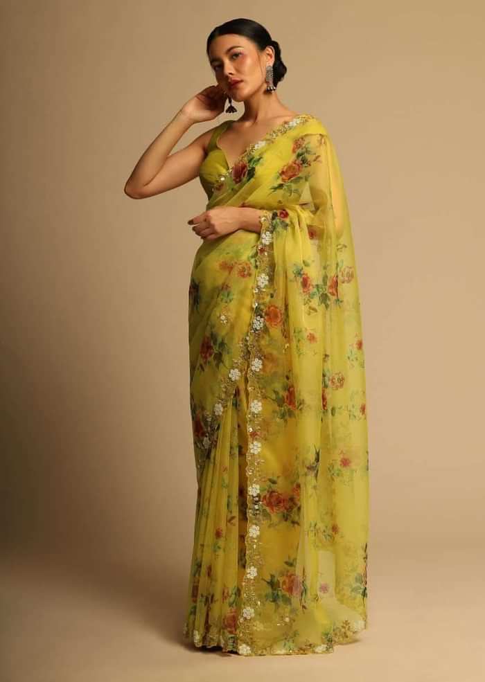 Corn Yellow Saree In Organza With Floral Print All Over And Moti Embroidered Border Along With Unstitched Blouse