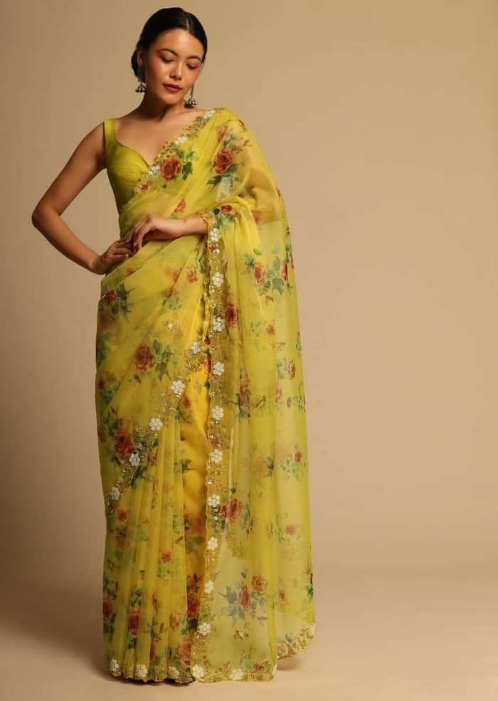 Corn Yellow Saree In Organza With Floral Print All Over And Moti Embroidered Border Along With Unstitched Blouse