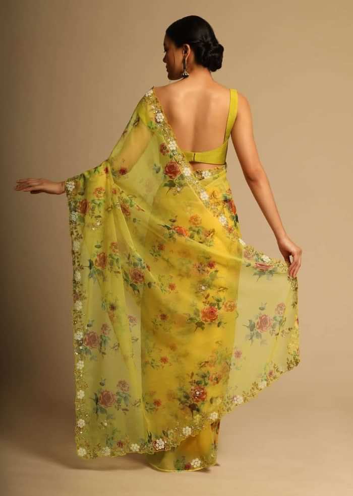 Corn Yellow Saree In Organza With Floral Print All Over And Moti Embroidered Border Along With Unstitched Blouse