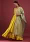 Corn Yellow High Low Anarkali Suit With A Front Slit, Zardosi Embroidered Flowers And Sage Green Lurex Dupatta