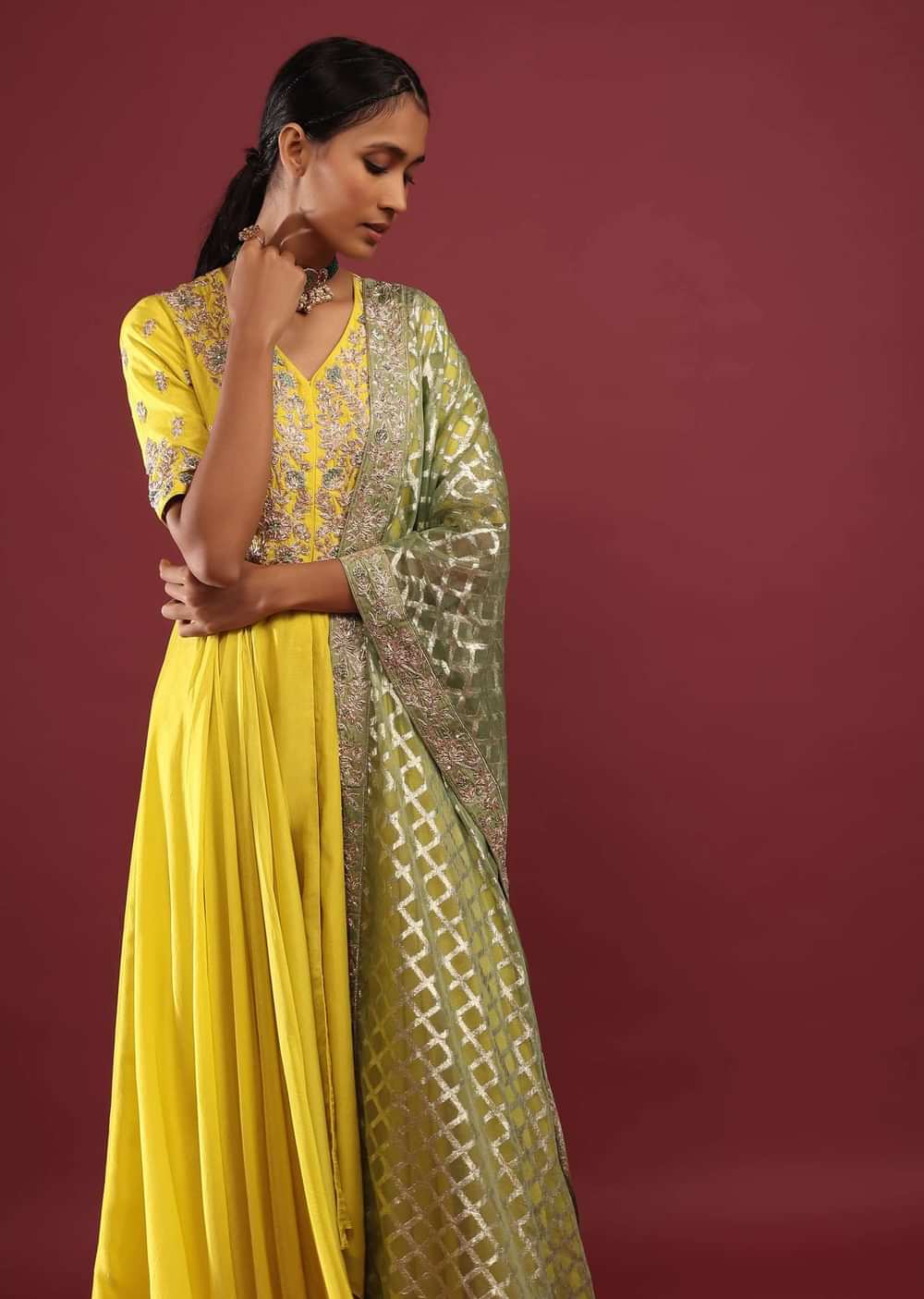 Corn Yellow High Low Anarkali Suit With A Front Slit, Zardosi Embroidered Flowers And Sage Green Lurex Dupatta