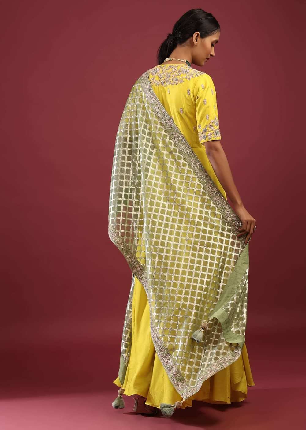 Corn Yellow High Low Anarkali Suit With A Front Slit, Zardosi Embroidered Flowers And Sage Green Lurex Dupatta