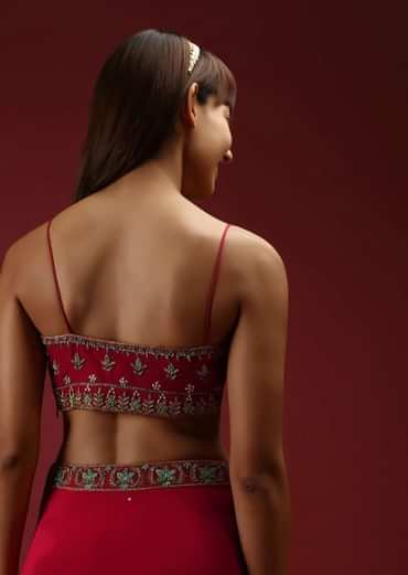 Cranberry Red Ready Pleated Saree With A Multicolored Hand Embroidered Blouse And Belt
