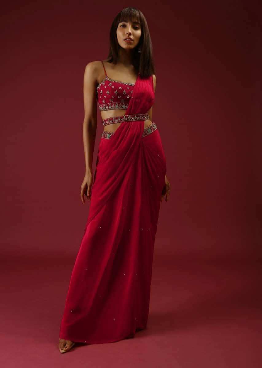 Cranberry Red Ready Pleated Saree With A Multicolored Hand Embroidered Blouse And Belt