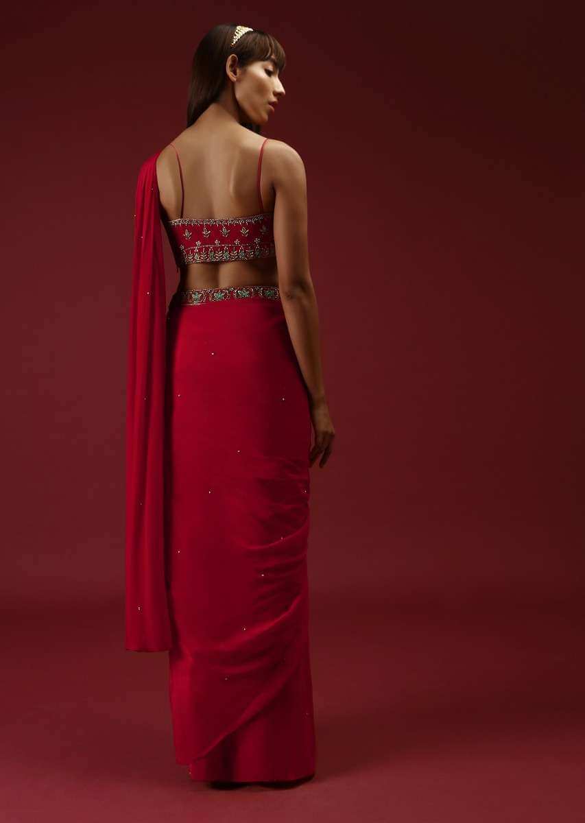 Cranberry Red Ready Pleated Saree With A Multicolored Hand Embroidered Blouse And Belt