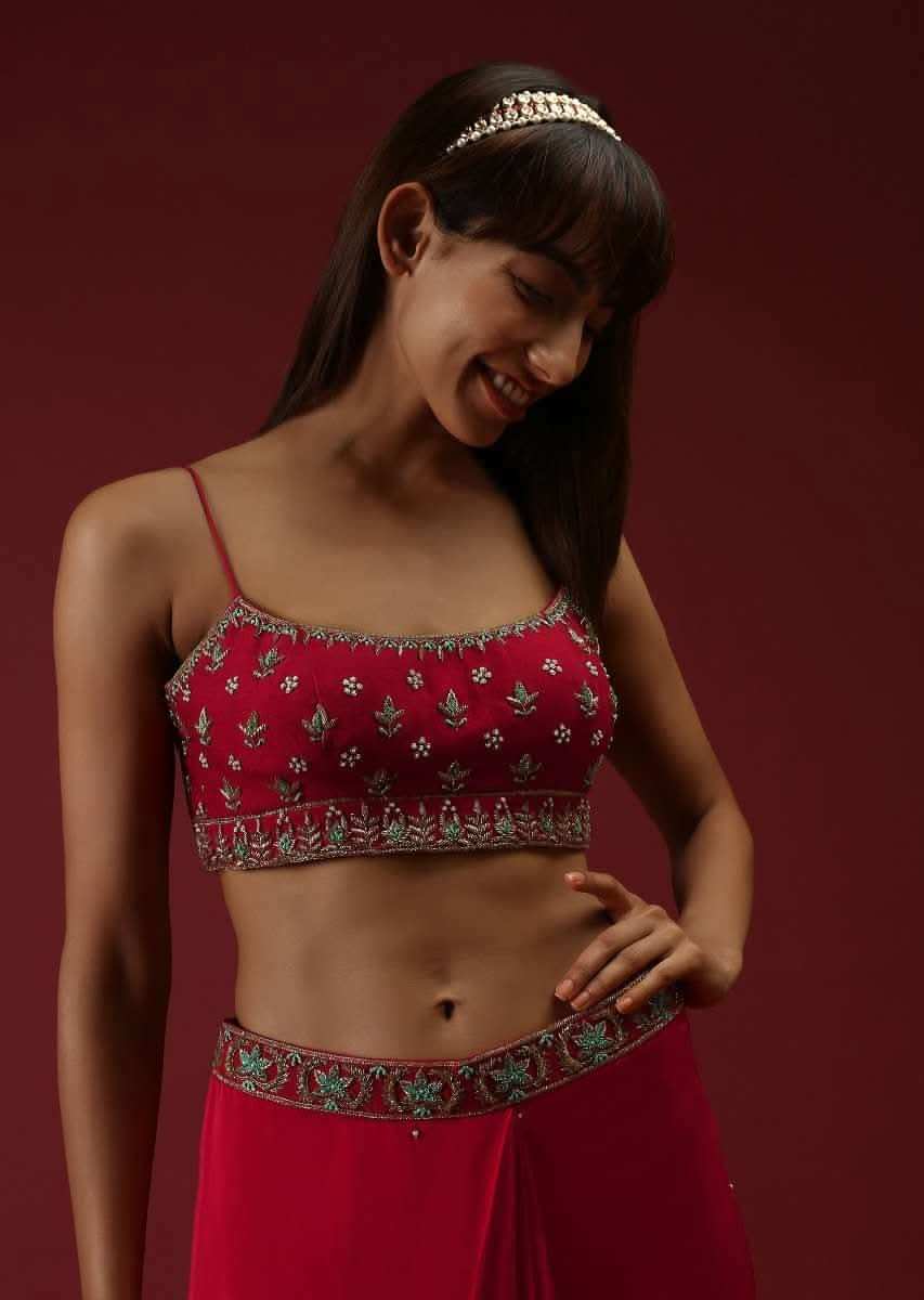 Cranberry Red Ready Pleated Saree With A Multicolored Hand Embroidered Blouse And Belt