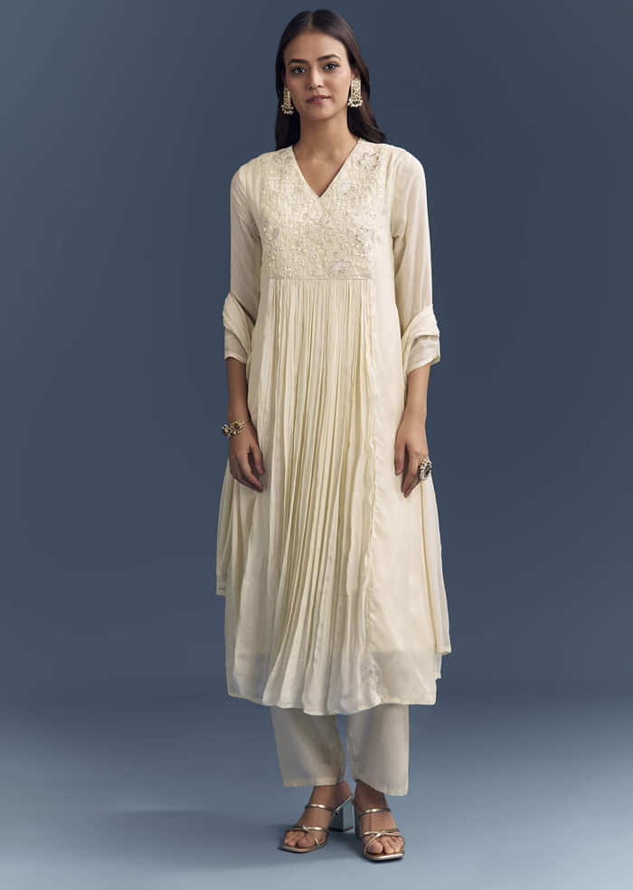 Cream Chinon Anarkali Suit With Moti And Thread Embroidery