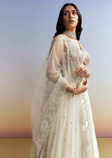 Cream Chinon Lehenga with Net Choli
