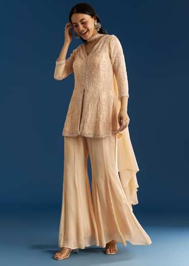 Cream Chinon Moti Embroidered Kurta Palazzo Set With Choker Style Dupatta