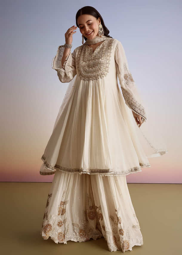 Cream Chinon Moti Work Kurta Sharara Suit With Dupatta
