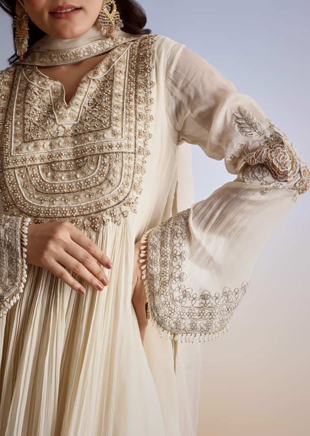 Cream Chinon Moti Work Kurta Sharara Suit With Dupatta