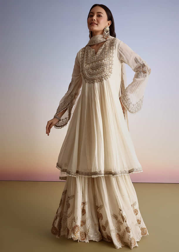 Cream Chinon Moti Work Kurta Sharara Suit With Dupatta