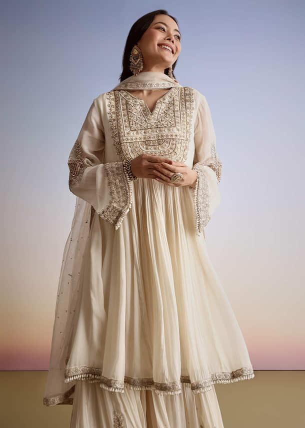 Cream Chinon Moti Work Kurta Sharara Suit With Dupatta