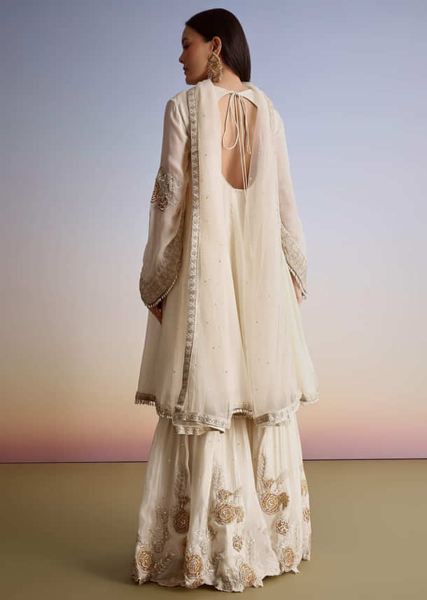 Cream Chinon Moti Work Kurta Sharara Suit With Dupatta