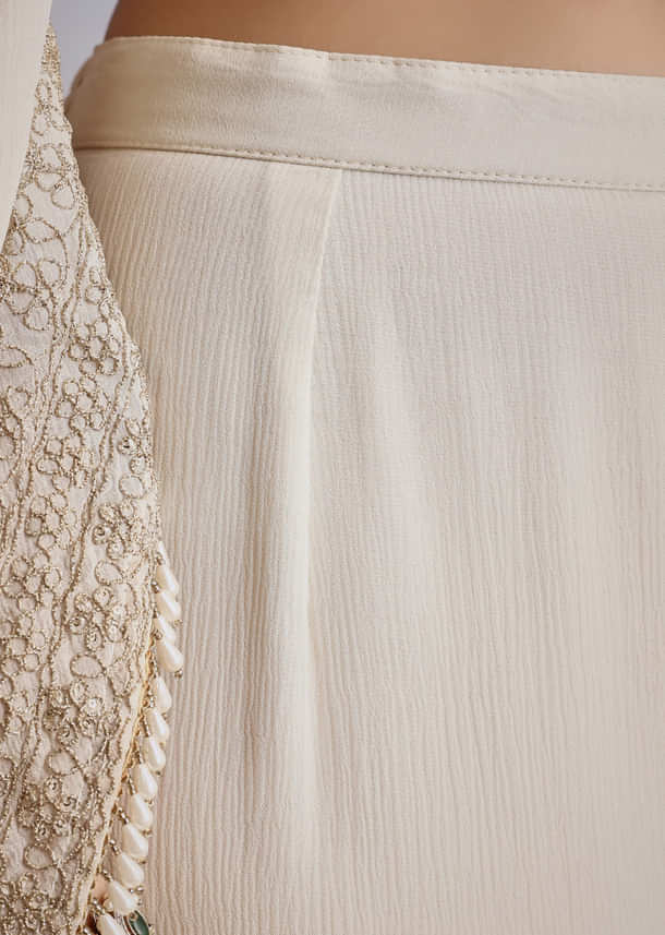 Cream Chinon Moti Work Kurta Sharara Suit With Dupatta