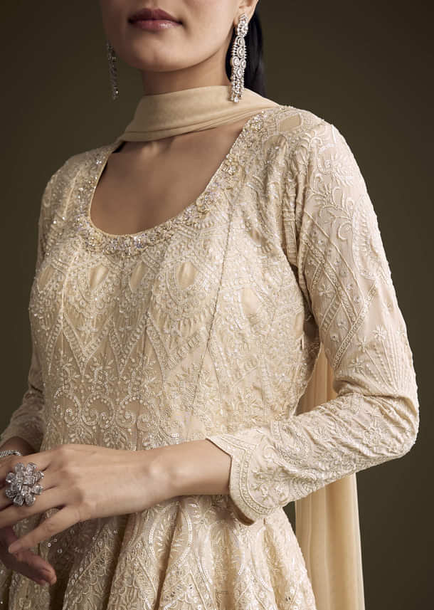 Cream Chinon Palazzo Suit With Sequins And Resham Work Cream Chinon Palazzo Suit With Sequins And Resham Work