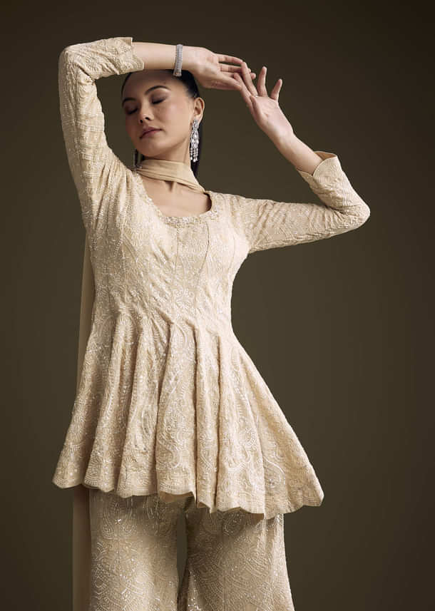 Cream Chinon Palazzo Suit With Sequins And Resham Work Cream Chinon Palazzo Suit With Sequins And Resham Work