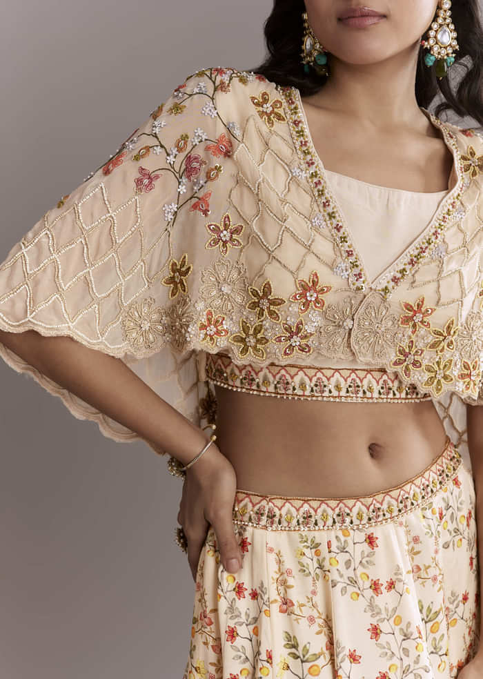 Cream Crepe Crop Top And Printed Skirt Set With Beads Embroidery