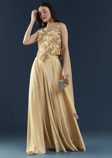 Cream Crepe Crop Top Palazzo Set with Floral Print