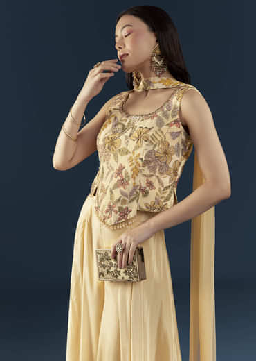 Cream Crepe Crop Top Palazzo Set with Floral Print