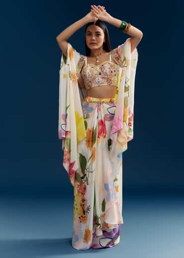Cream Crop Top Skirt Set With Embroidered Cape And Floral Print