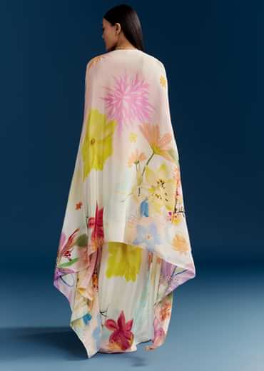 Cream Crop Top Skirt Set With Embroidered Cape And Floral Print