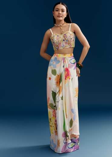 Cream Crop Top Skirt Set With Embroidered Cape And Floral Print