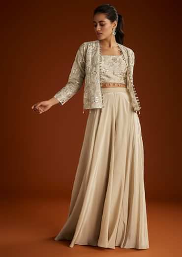 Cream Croptop Patch And Sequin Croptop Jacket Set