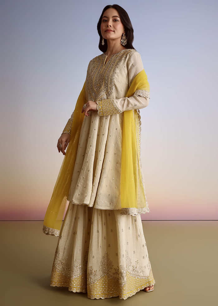 Cream Crush Tissue Sharara Suit With Zari Sequins Work