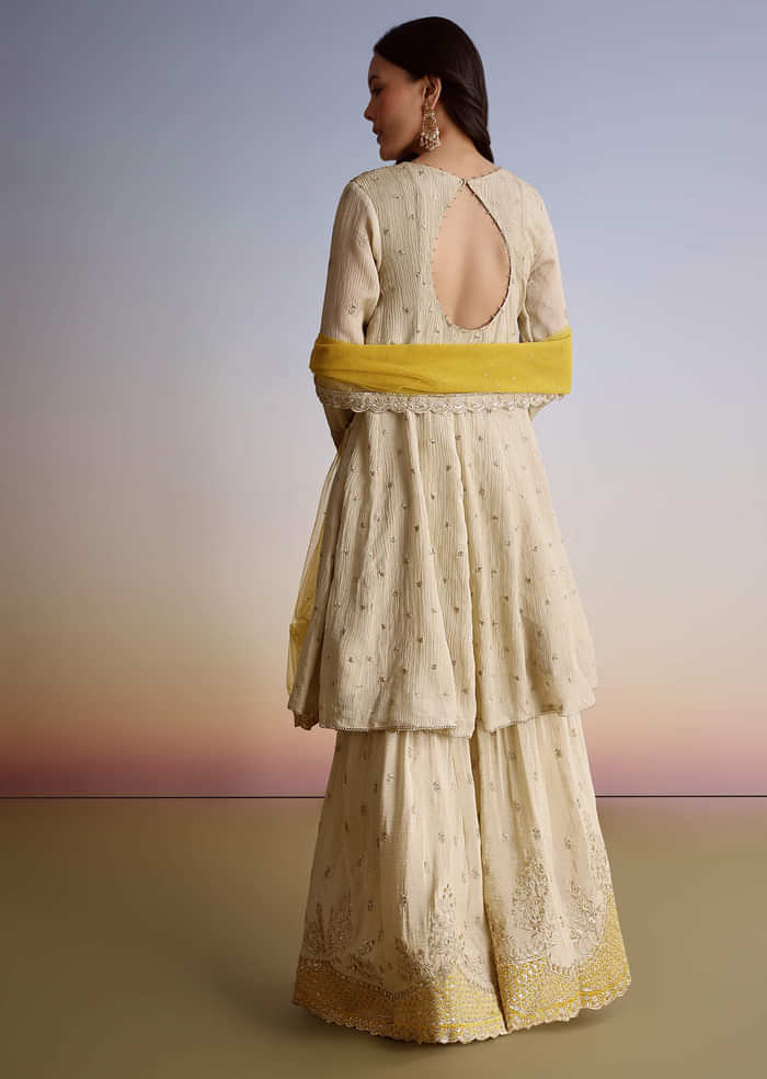 Cream Crush Tissue Sharara Suit With Zari Sequins Work