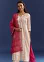 Cream Dola Silk Kurta With Gotta Work And Bandhani Pink Dupatta