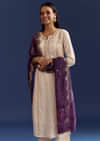 Cream Dola Silk Kurta With Gotta Work And Bandhani Purple Dupatta