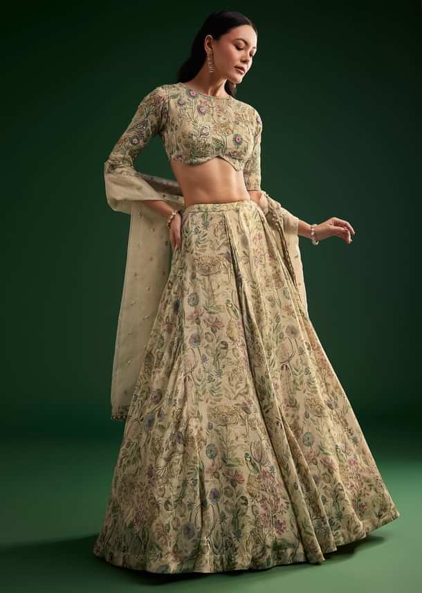 Cream Floral Lehenga Choli With Organza Dupatta