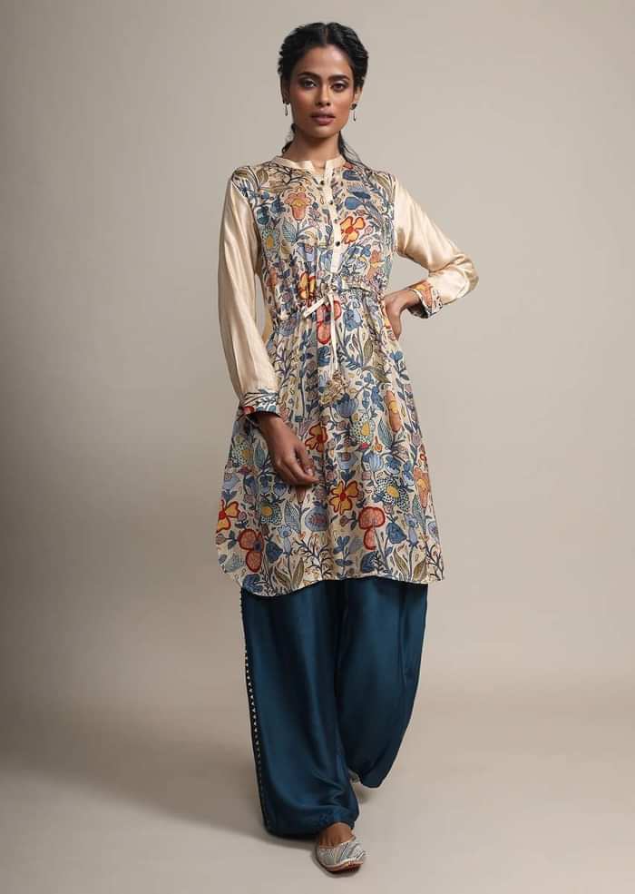 Cream Floral Printed Suit With Contrasting Peacock Blue Palazzo Pants