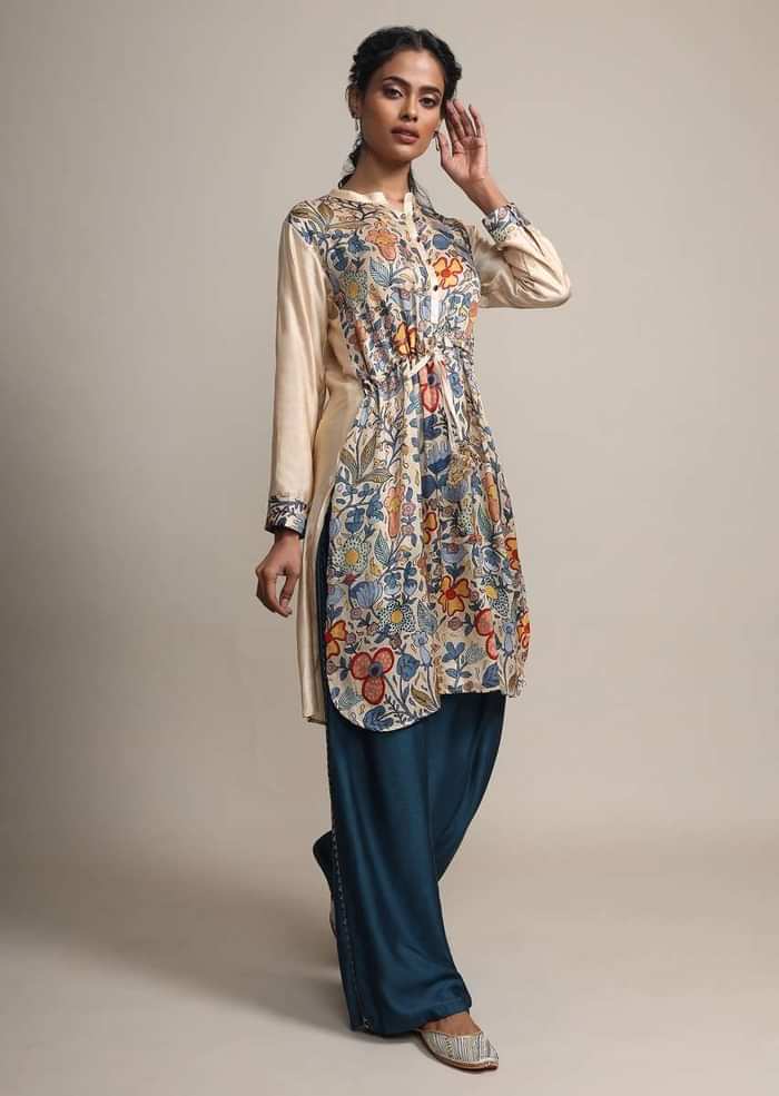Cream Floral Printed Suit With Contrasting Peacock Blue Palazzo Pants