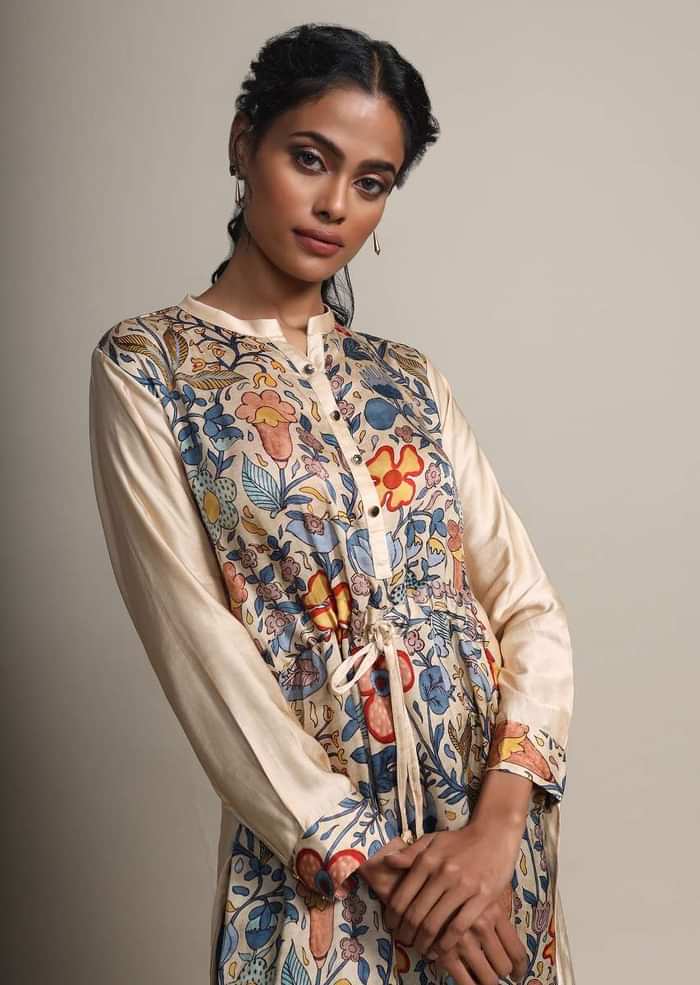 Cream Floral Printed Suit With Contrasting Peacock Blue Palazzo Pants