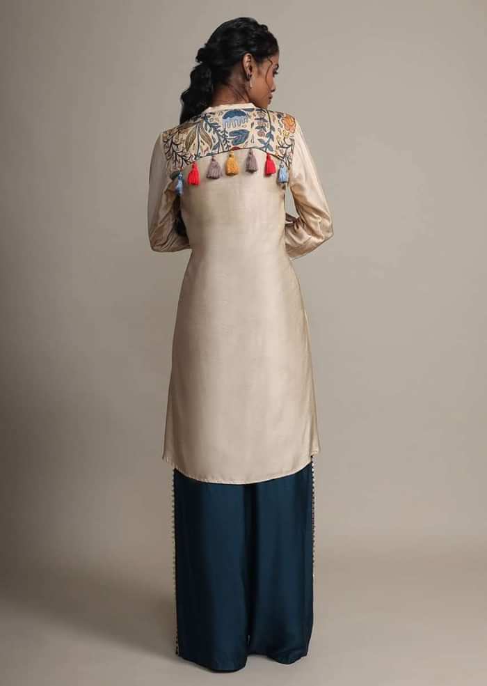 Cream Floral Printed Suit With Contrasting Peacock Blue Palazzo Pants