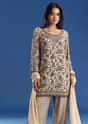 Cream Georgette Fully Beaded Kurta Pant Set With Dupatta