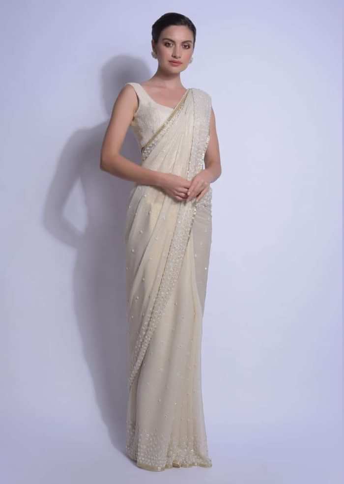 Cream Gold Saree In Shimmer Georgette With Embellished Floral Buttis Online - Kalki Fashion
