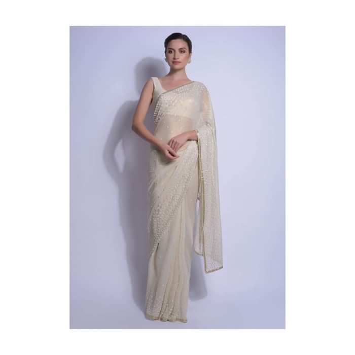 Cream Gold Saree In Shimmer Georgette With Embellished Floral Buttis Online - Kalki Fashion
