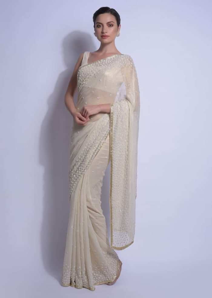 Cream Gold Saree In Shimmer Georgette With Embellished Floral Buttis Online - Kalki Fashion